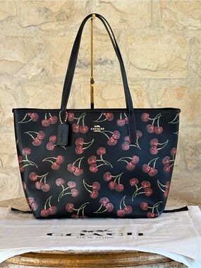 COACH Black Cherry Print Leather Tote